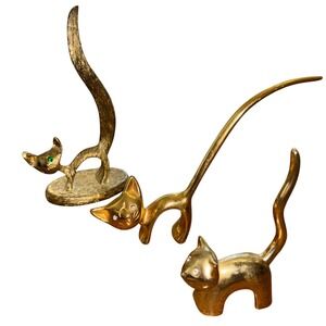 Vintage MCM Mid Century Brass Gold Tone Cat Ring Holder Set 3 Rhinestone eye